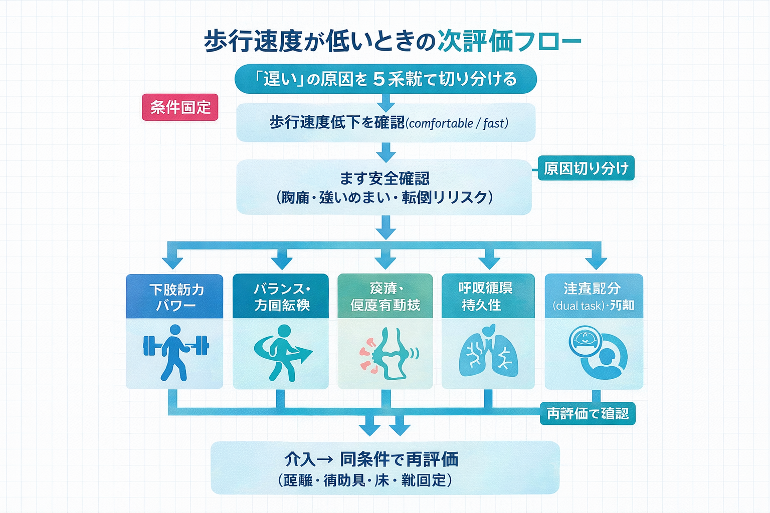 歩行速度低下時の次評価フロー（筋力、バランス、疼痛・可動域、呼吸循環、注意・認知）