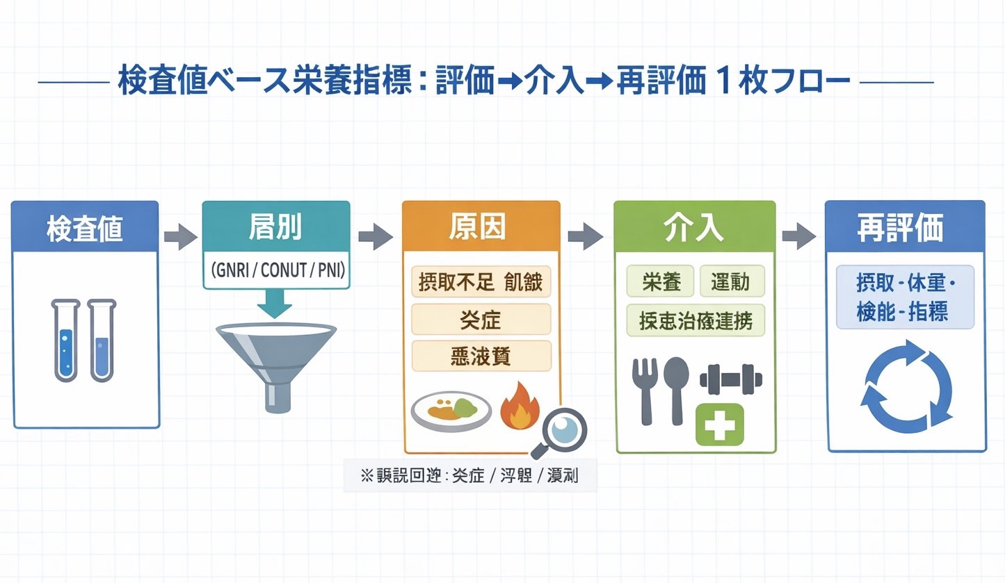 検査値ベース栄養指標（ GNRI ／ CONUT ／ PNI ）から次アクションへつなぐ図解
