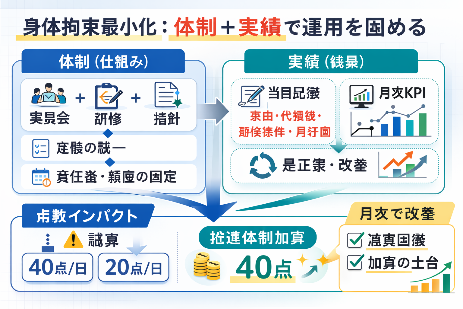 身体拘束最小化を体制（委員会・研修・指針）と実績（当日記録・月次 KPI・是正策）で運用する全体像