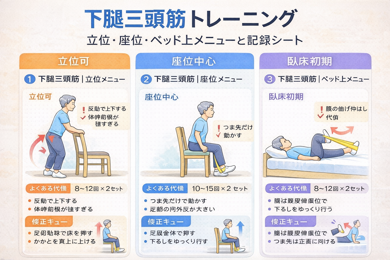 下腿三頭筋トレーニングの姿勢別図解（立位・座位・ベッド上）