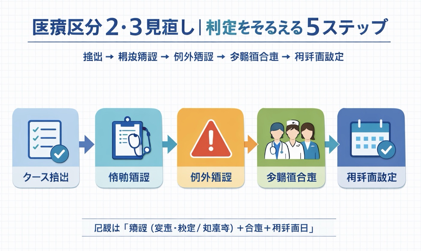 医療区分 2・3 見直し：判定をそろえる 5 ステップ（ケース抽出&rarr;根拠確認&rarr;例外確認&rarr;多職種合意&rarr;再評価設定）