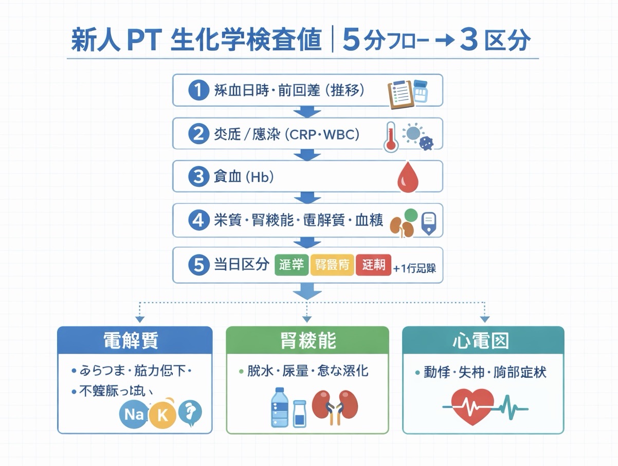 新人向け 生化学検査値チェックの 5 分フロー図（炎症・貧血・栄養・腎機能/電解質・血糖を固定順で確認）