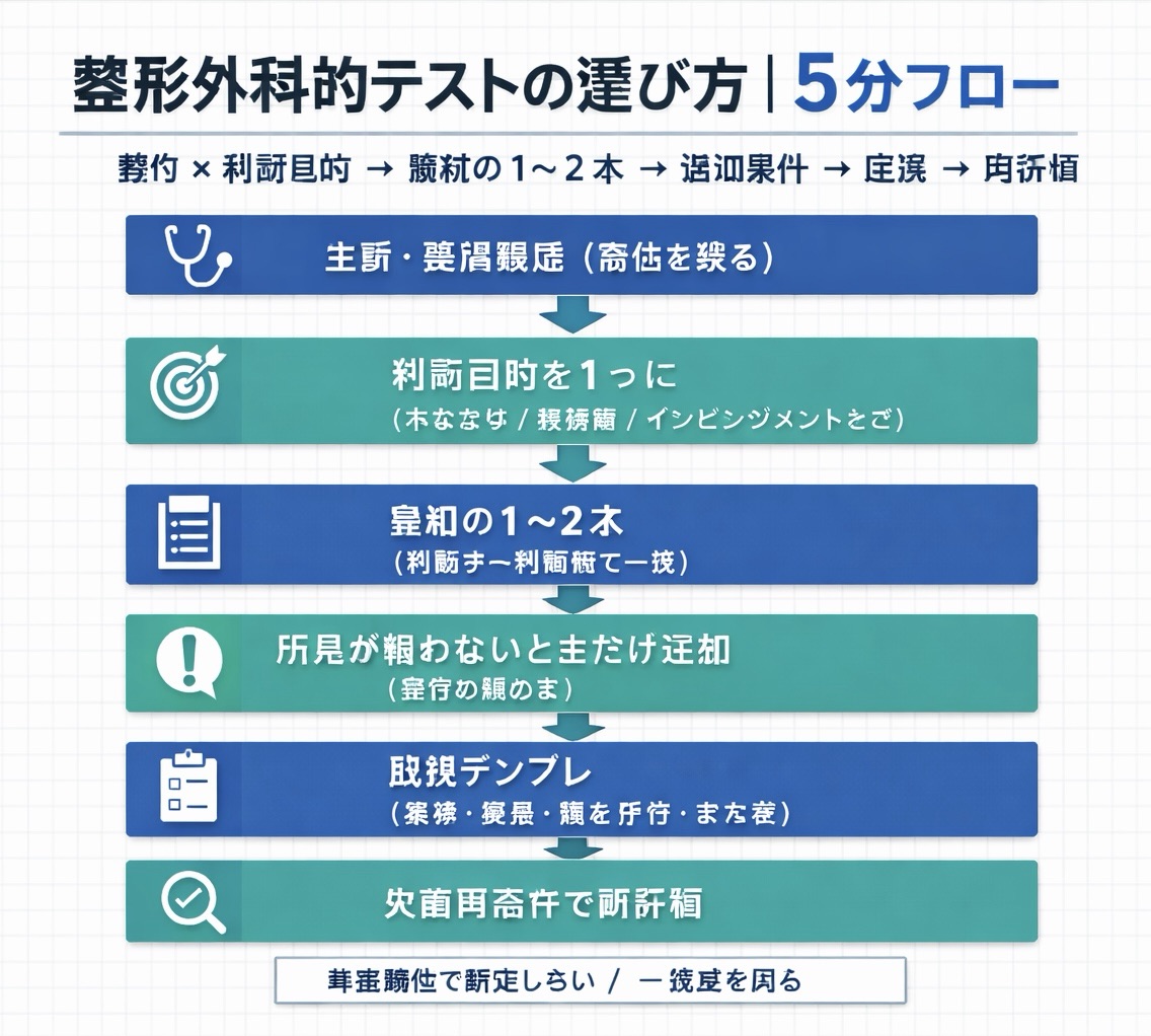 整形外科的テストの選び方｜5 分フロー（部位 &times; 判断目的 &rarr; 最初の 1〜2 本 &rarr; 追加条件 &rarr; 記録 &rarr; 再評価）