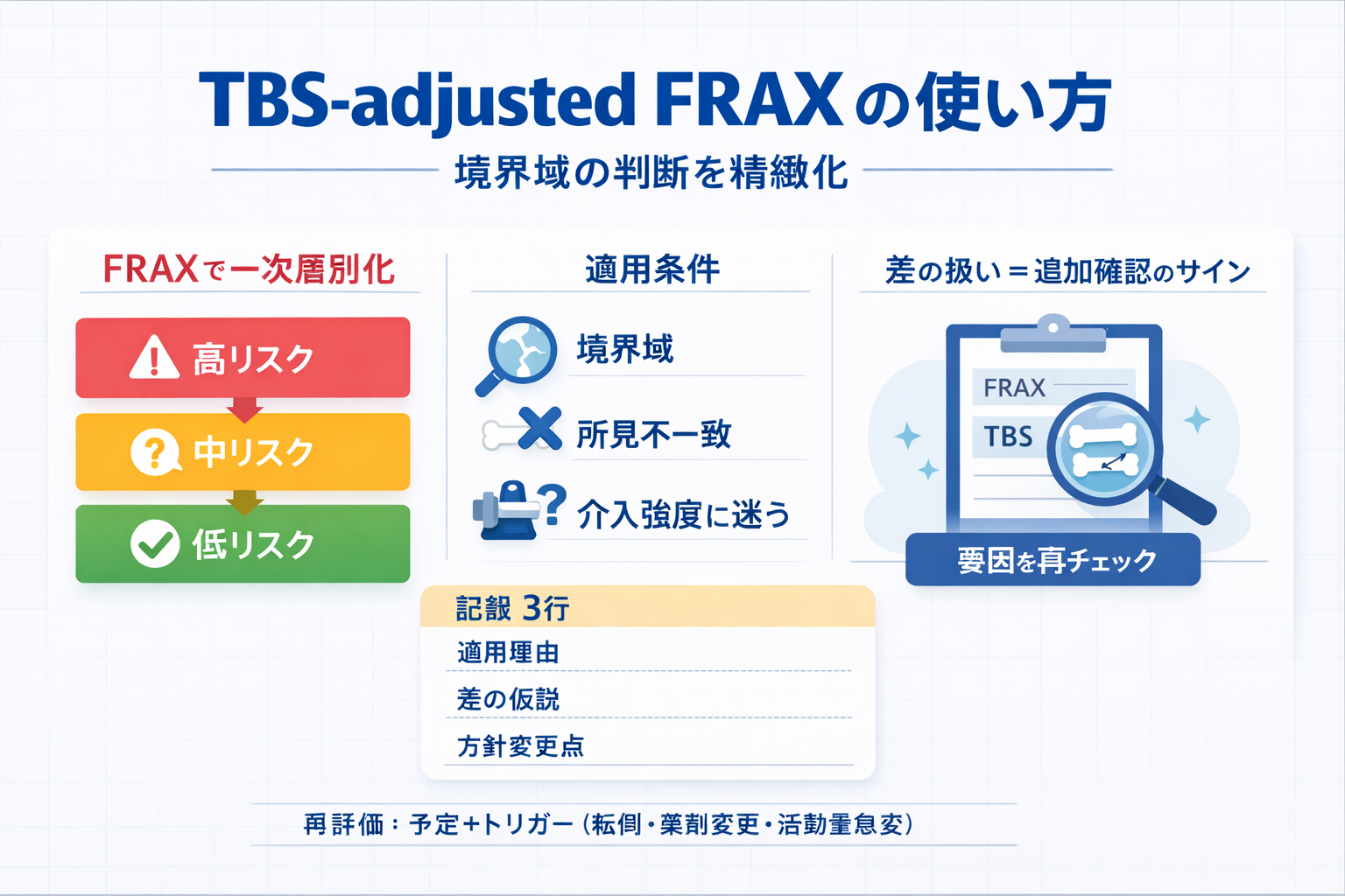 TBS-adjusted FRAX の使い方：FRAX で一次層別化し、境界域で追加適用して差を追加確認のサインとして扱い、記録 3 行と再評価トリガーまで固定する