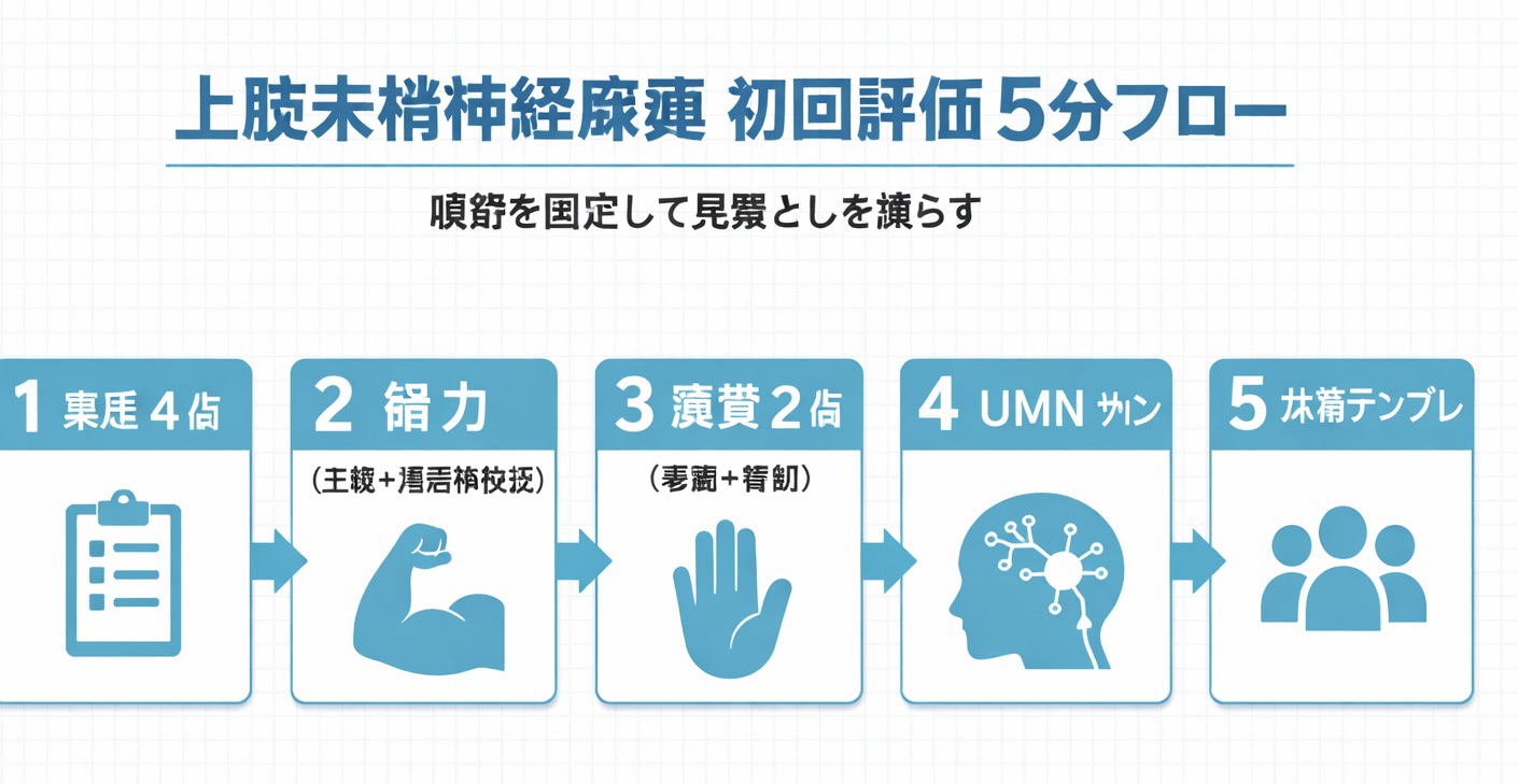 上肢末梢神経麻痺の初回評価 5 分フロー（病歴&rarr;筋力&rarr;感覚&rarr; UMN &rarr;共有）