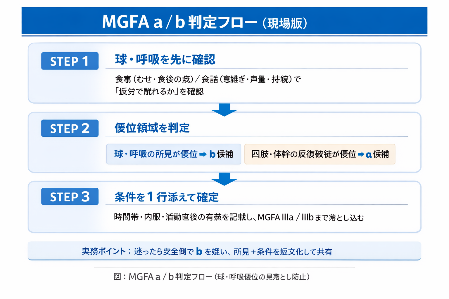 MGFA a / b 判定フロー（球・呼吸を先に確認し、優位領域を判定して条件を添えて確定する 3 ステップ）