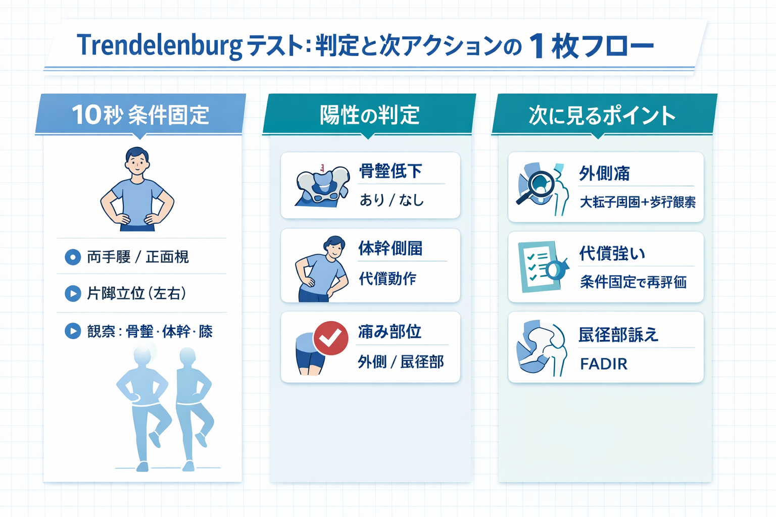 Trendelenburg テストの判定と次アクションの 1 枚フロー図（10 秒条件固定、陽性判定、次に見るポイント）
