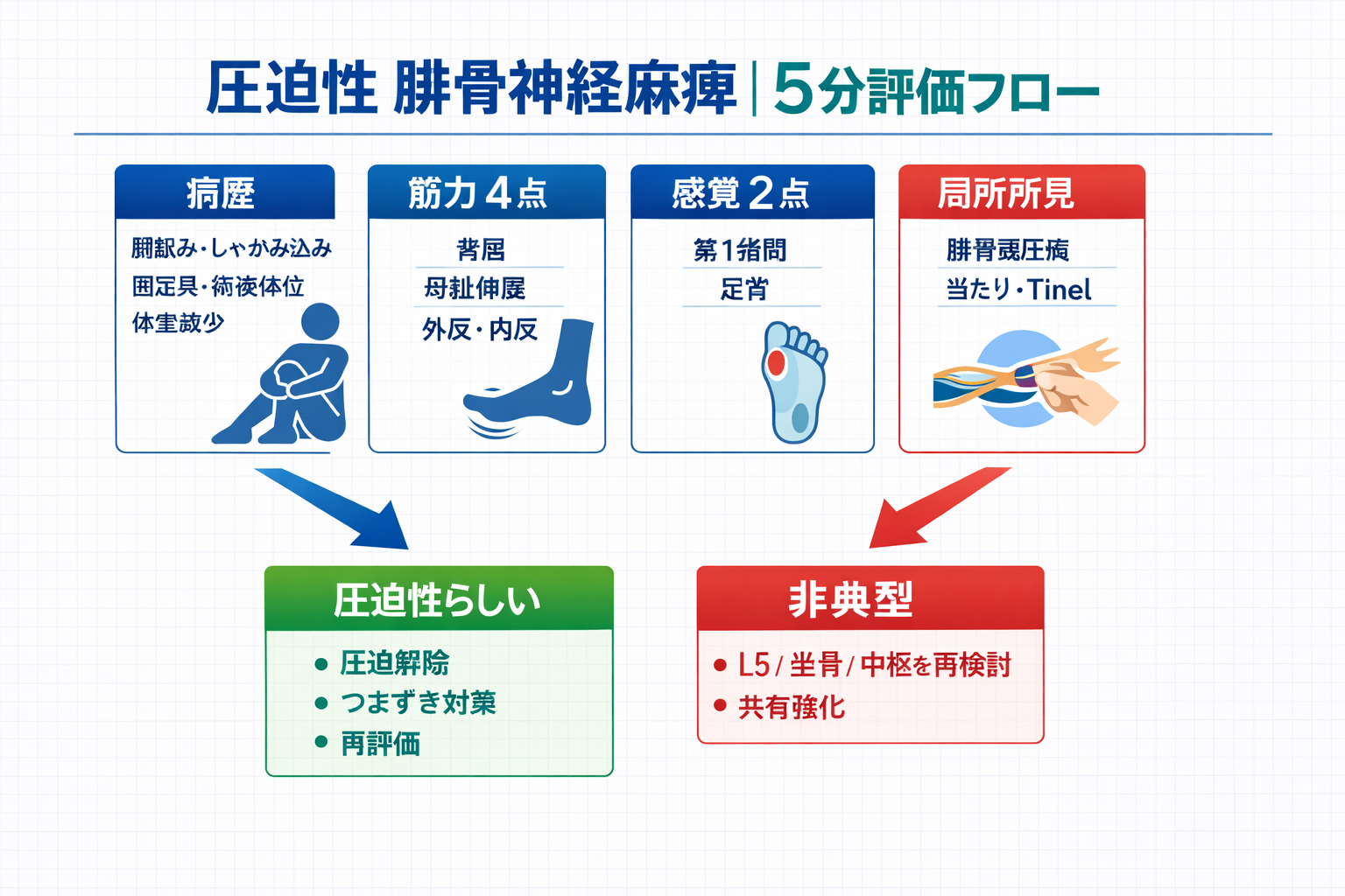 圧迫性 腓骨神経麻痺の 5 分評価フロー（病歴・筋力 4 点・感覚 2 点・局所所見・分岐）