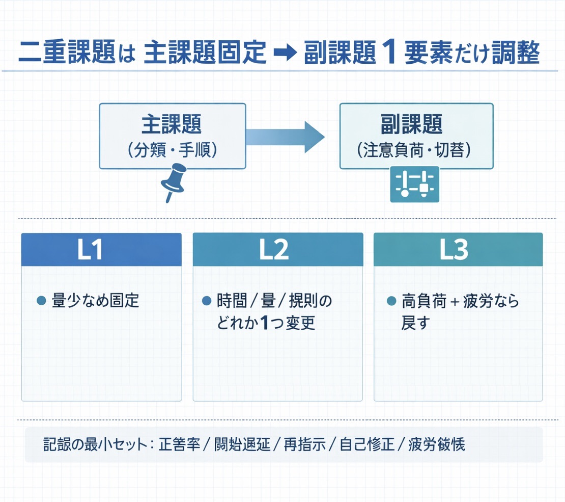 二重課題は主課題固定&rarr;副課題 1 要素だけ調整（ L1〜L3 の運用イメージ）