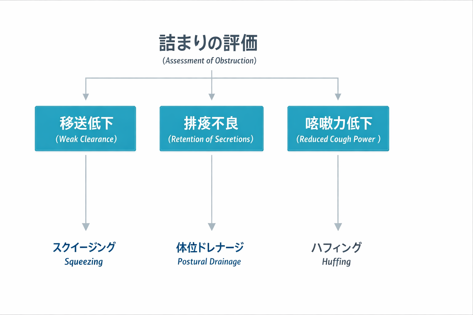 排痰の詰まり（移送・排出・咳力）で優先手技を選ぶミニフロー