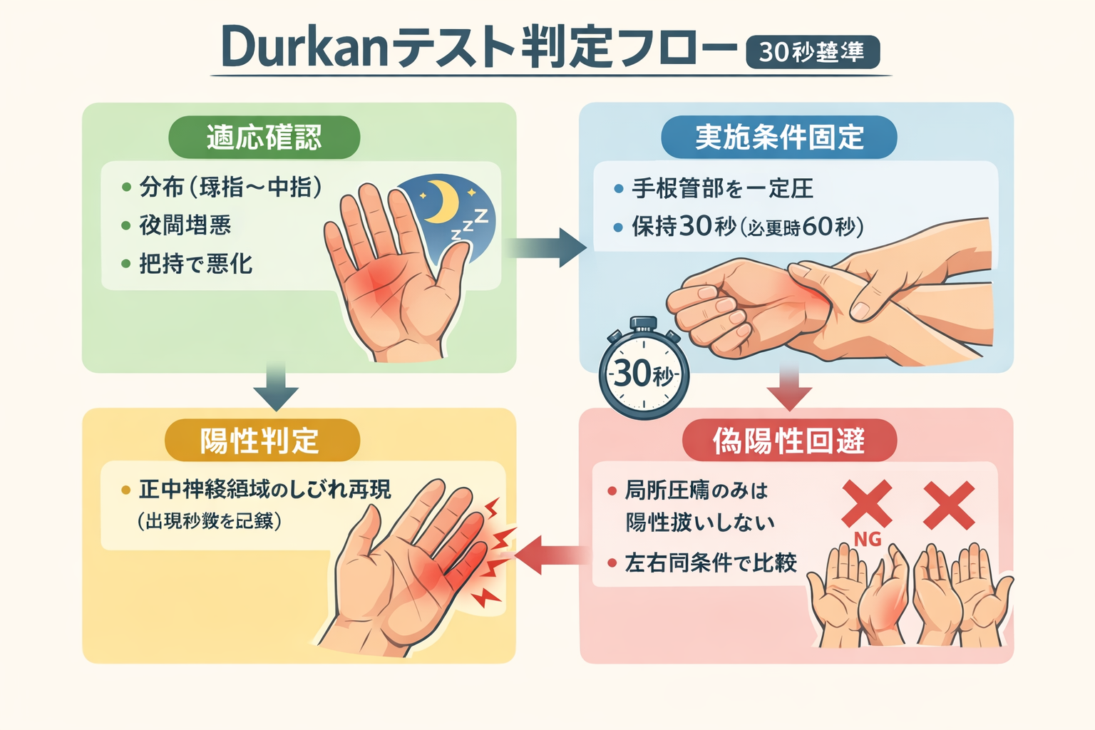 Durkan テスト判定フロー（30 秒基準）：適応確認、実施条件固定、陽性判定、偽陽性回避