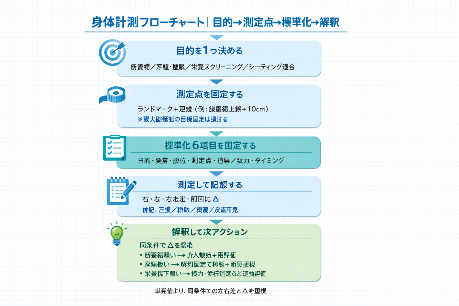 身体計測の目的設定から測定点固定、標準化、解釈までのフローチャート
