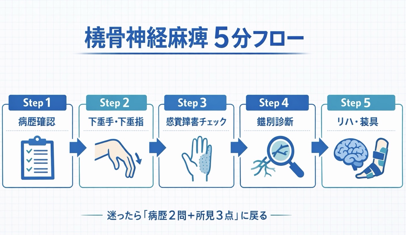 橈骨神経麻痺の 5 分フロー（ Step 1〜 5 ）