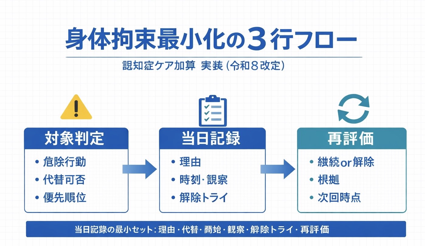 認知症ケア加算&times;身体拘束最小化：対象判定&rarr;当日記録&rarr;再評価の 3 行フロー