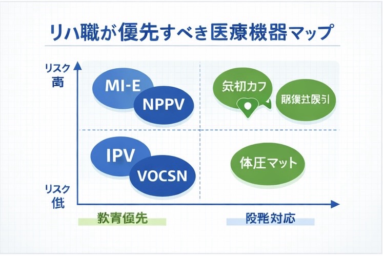 リハ職が優先すべき医療機器マップ（リスク&times;頻度の考え方）