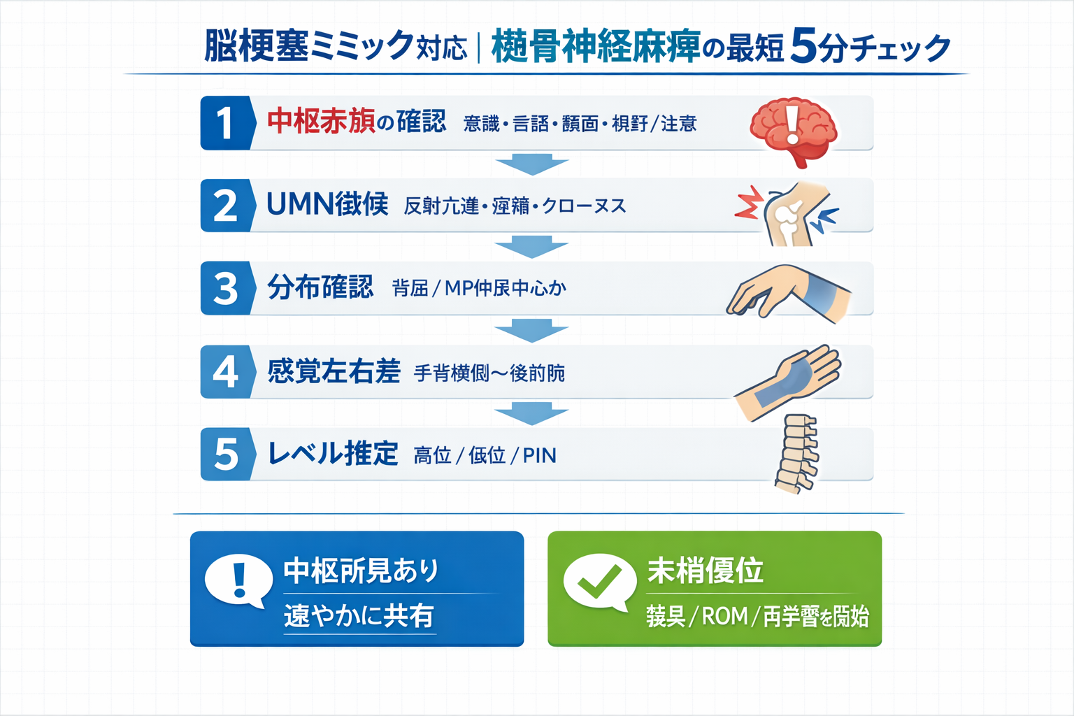 脳梗塞ミミック対応における橈骨神経麻痺の最短 5 分チェックの流れ図