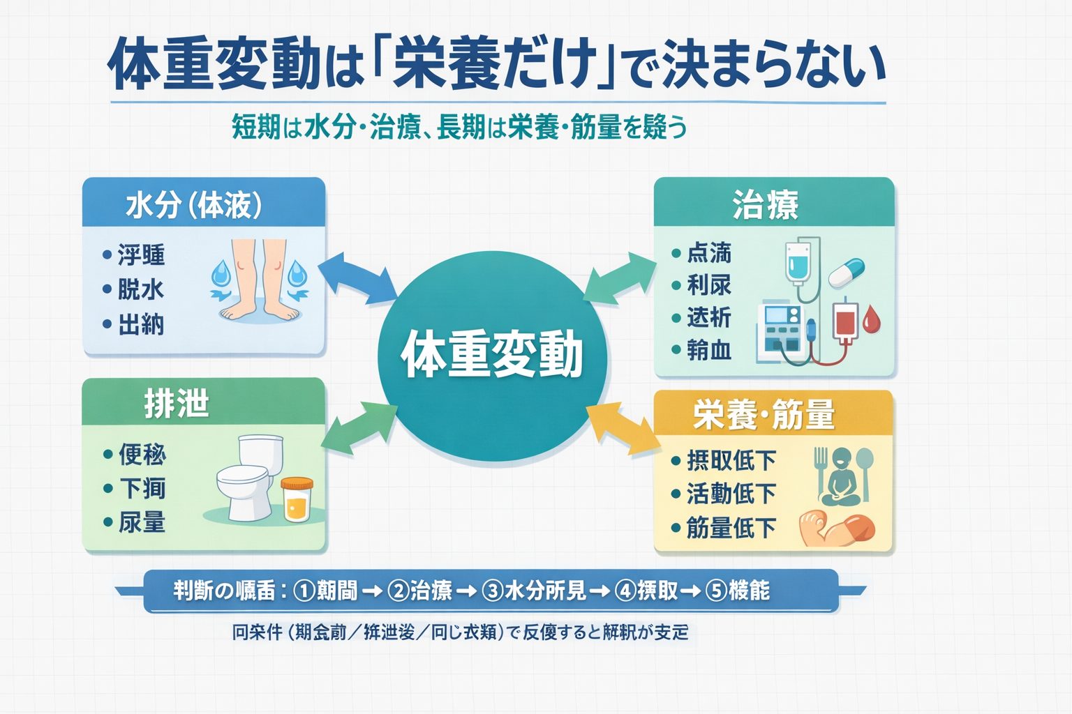体重変動は栄養だけで決まらず、水分（体液）・治療・排泄・栄養/筋量に分解して読む。判断の順番は期間&rarr;治療&rarr;水分所見&rarr;摂取&rarr;機能。条件（朝食前/排泄後/同じ衣類）を固定して反復すると解釈が安定する図