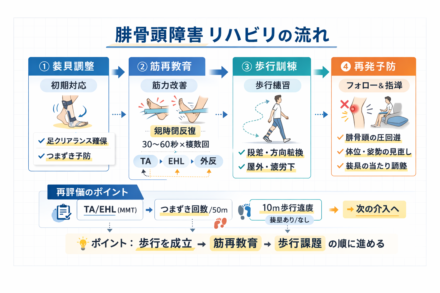 腓骨頭と L5 の鑑別のチェックポイント（運動 3 筋・第 1 趾間・圧迫歴／分布が揃わない・腰殿部症状・内反や他筋）