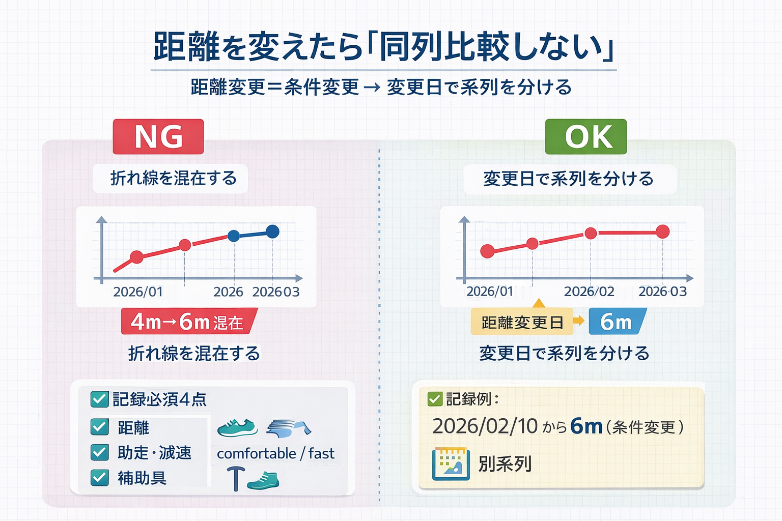 距離を変えたら同列比較しない：距離変更は条件変更として変更日で系列を分け、記録必須 4 点（距離・助走減速・速度条件・補助具）を残す