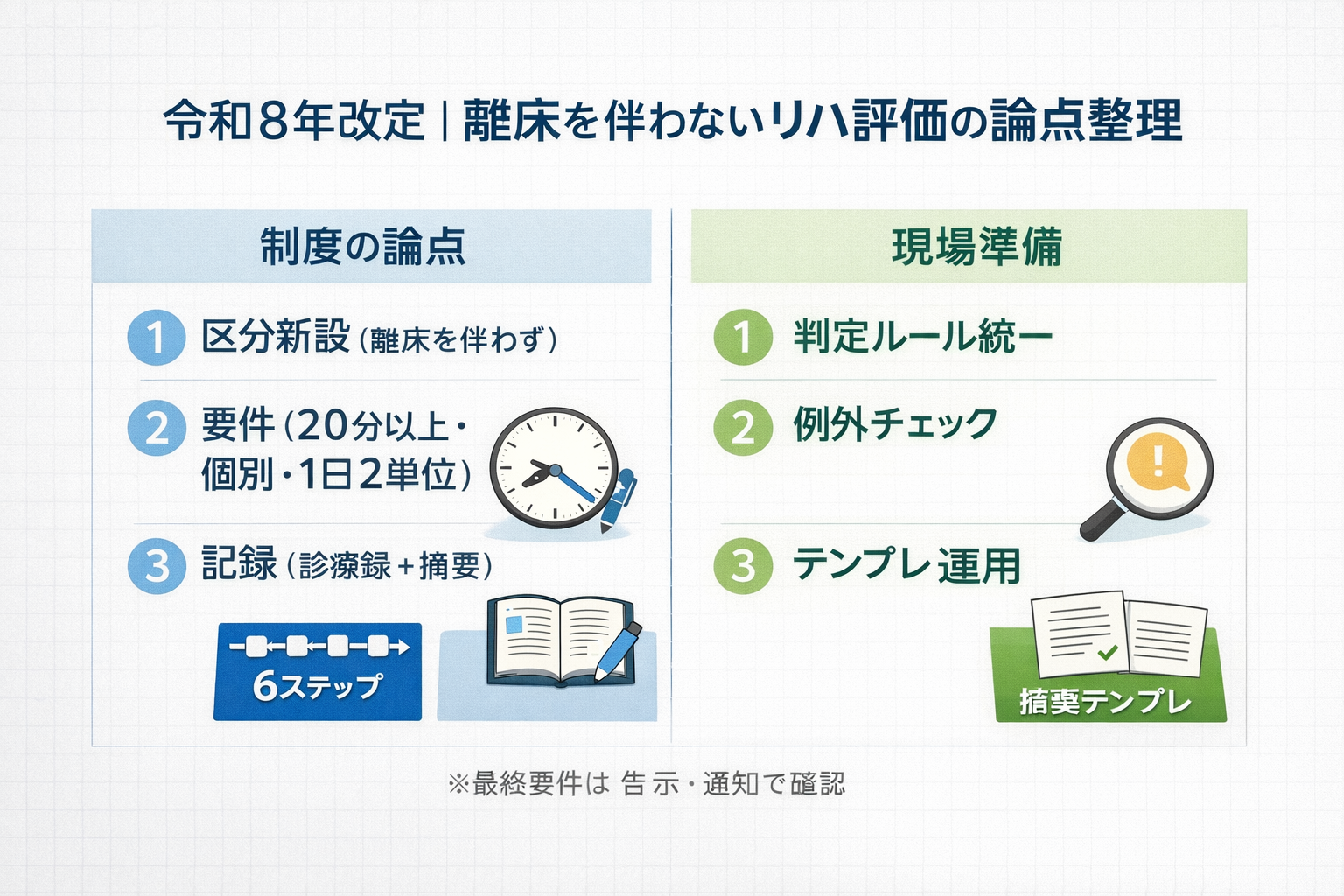 令和 8 年 改定：離床なし 20 分（特定の患者）に関する論点整理図