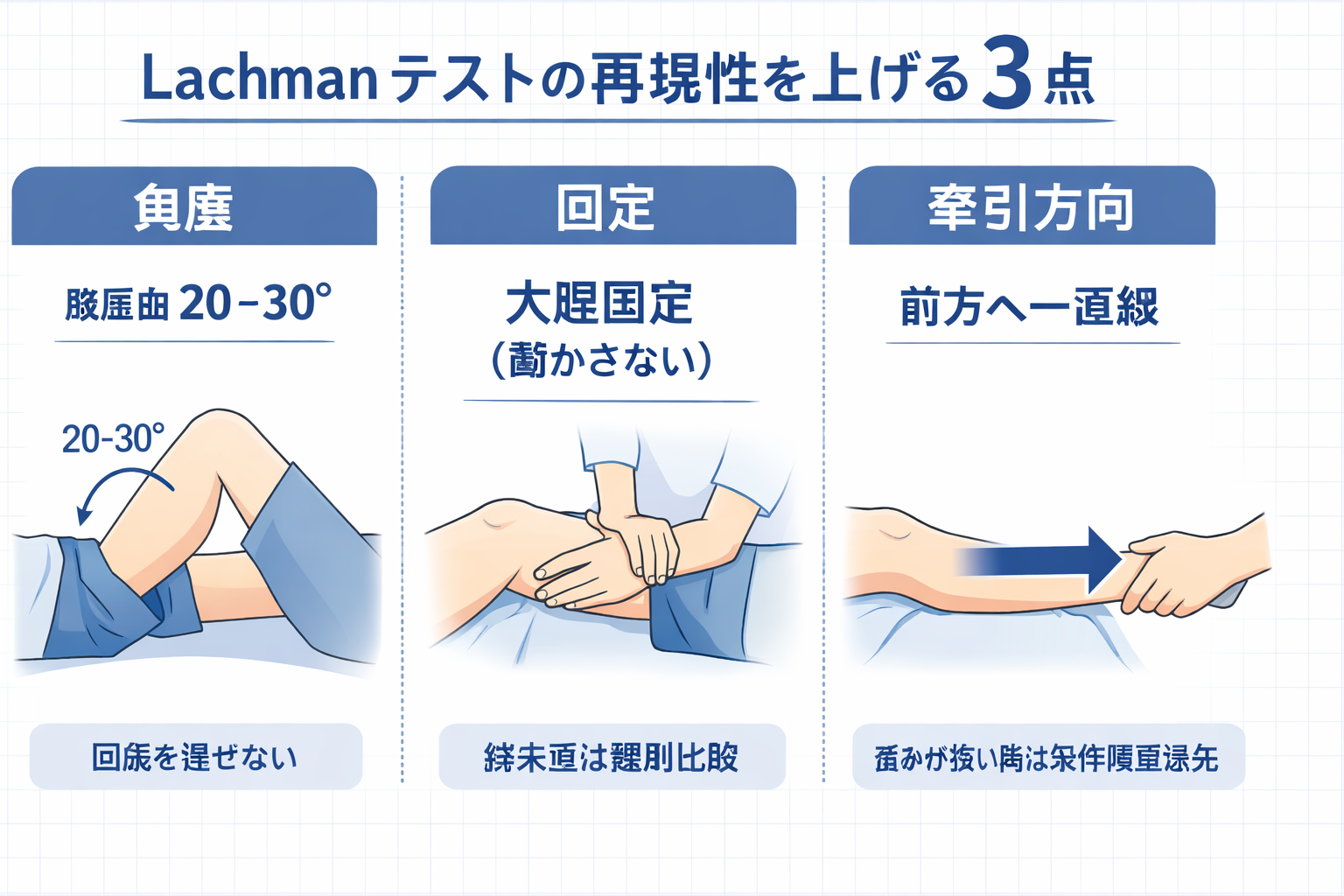 Lachman テストで再現性を上げる 3 点（膝屈曲 20&ndash;30&deg;、大腿固定、脛骨前方牽引）を示した図