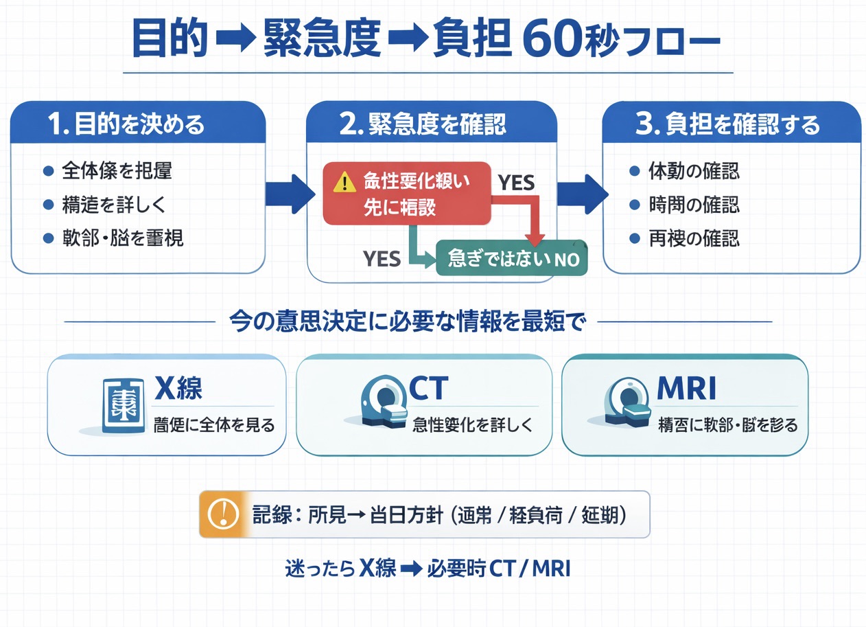 目的&rarr;緊急度&rarr;負担で選ぶモダリティ選択 60 秒フロー図