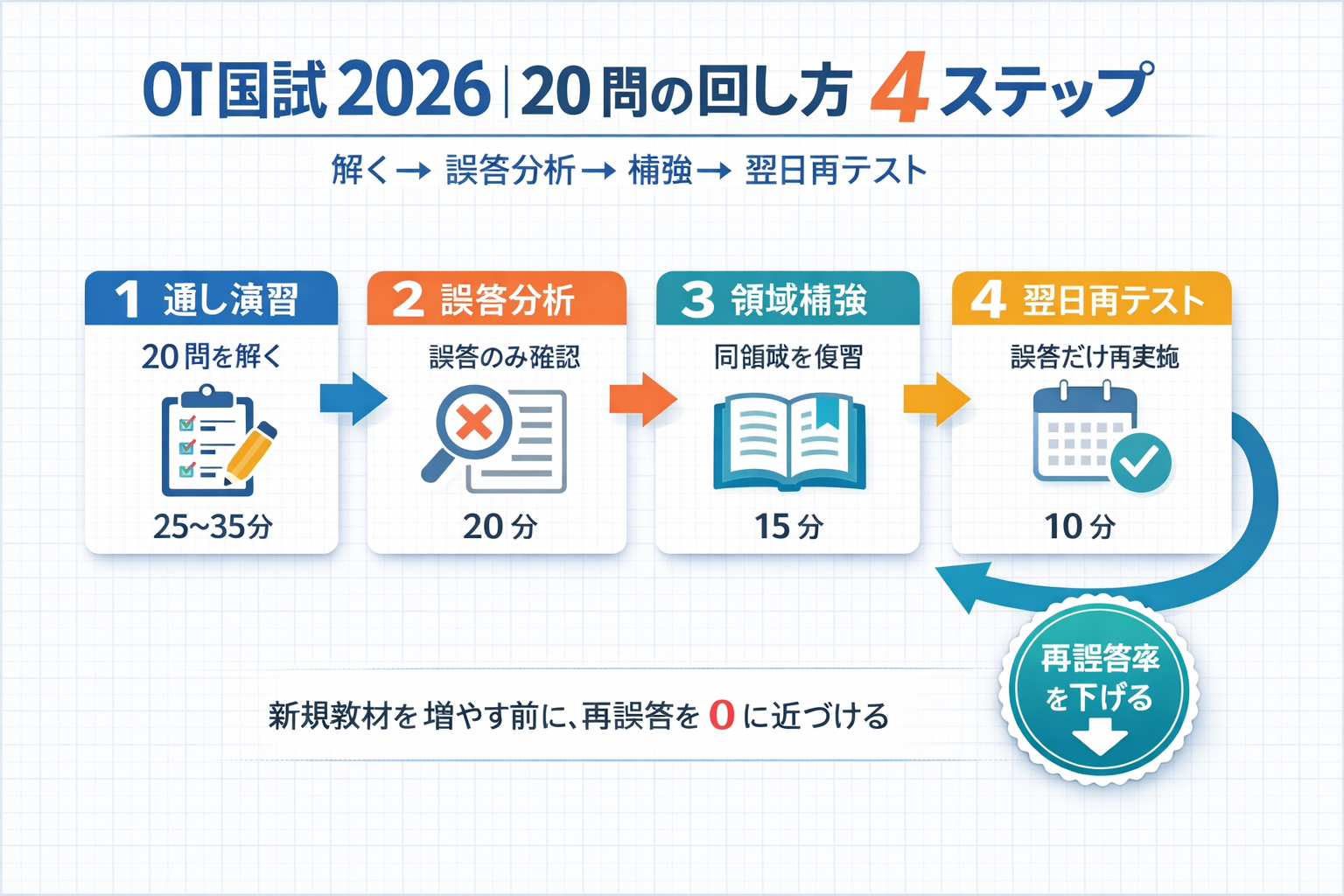 OT 国試 2026 の予想問題 20 問を回す 4 ステップ（通し演習&rarr;誤答分析&rarr;領域補強&rarr;翌日再テスト）