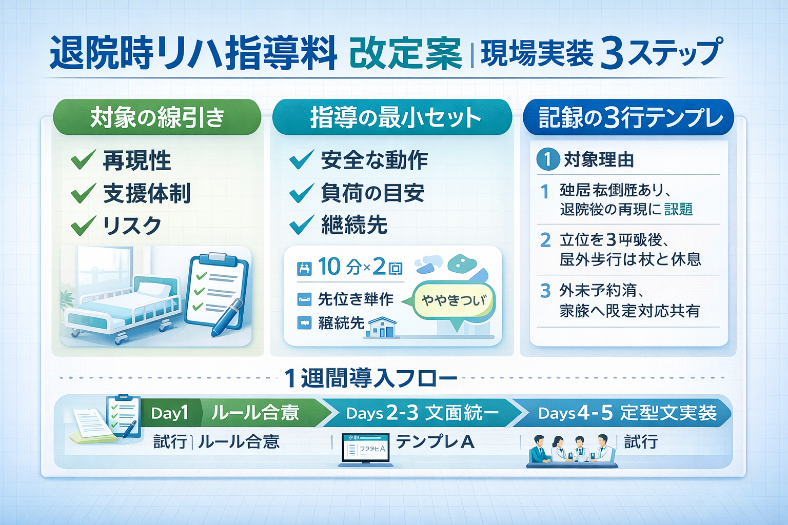 退院時リハ指導料の改定案を現場で実装する3ステップ（対象の線引き・指導の最小セット・記録の3行テンプレ）