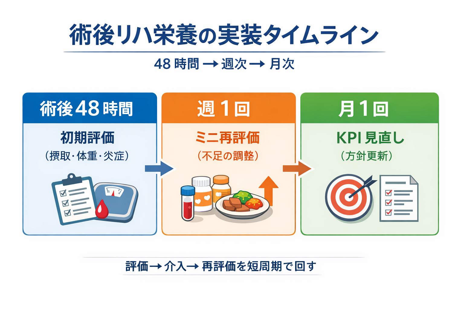 大腿骨近位部骨折の術後リハ栄養タイムライン。術後 48 時間で初期評価、週 1 回でミニ再評価、月 1 回で KPI 見直しを行う流れを示した図。