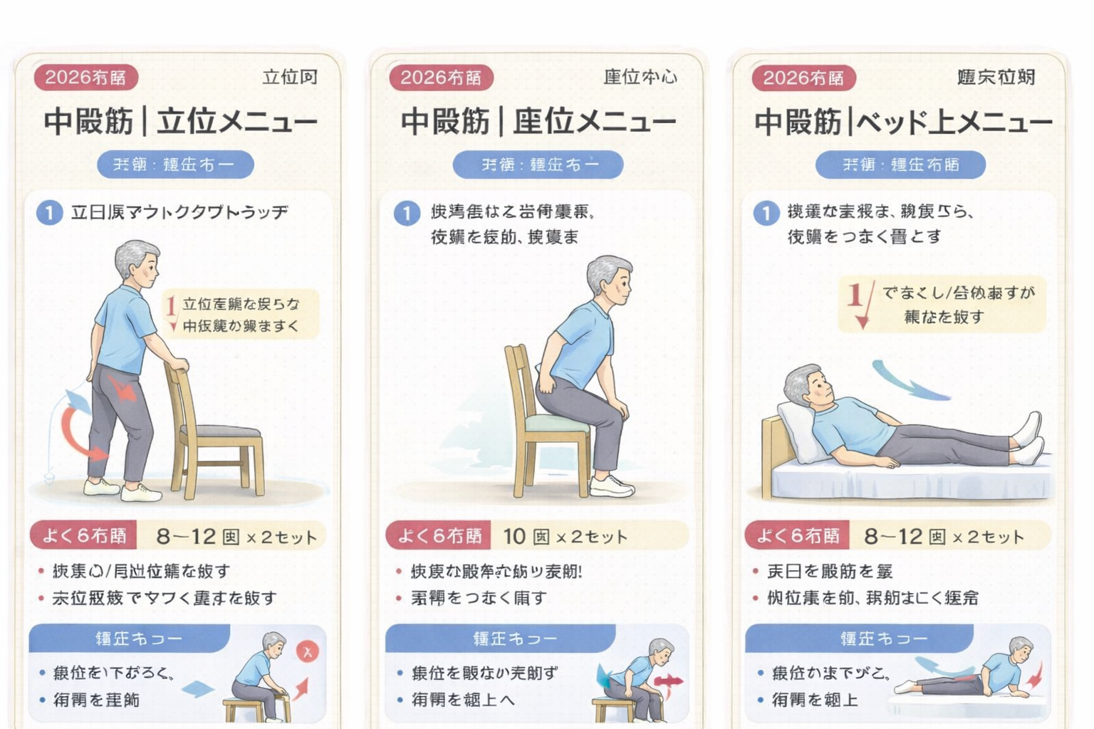 中臀筋トレーニングの姿勢別図解（立位・座位・ベッド上）