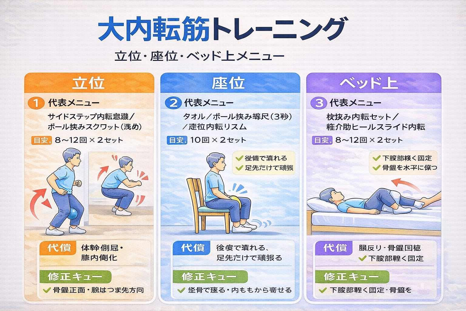 大内転筋トレーニングの姿勢別メニュー図解（立位・座位・ベッド上）