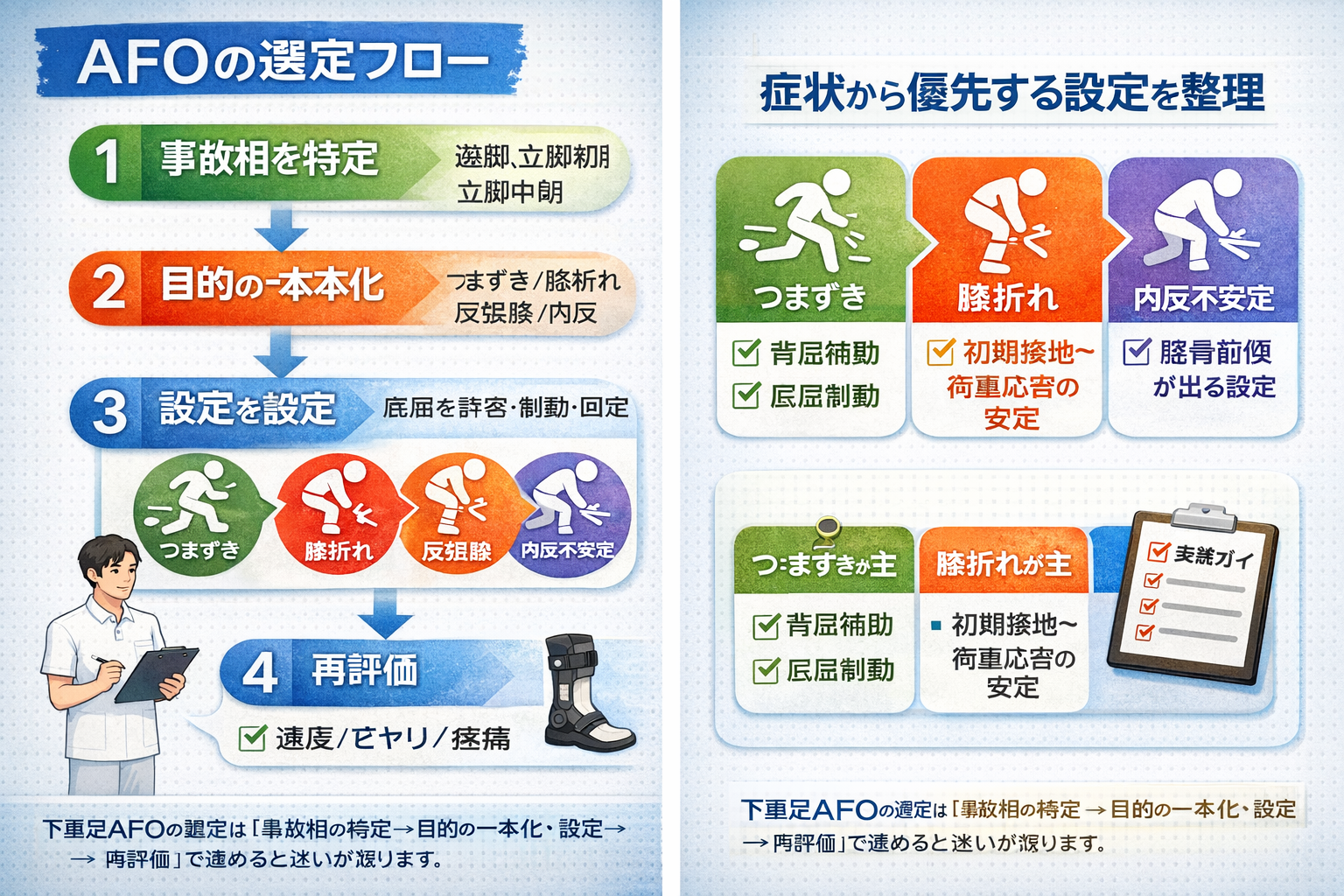 下垂足 AFO の選定フロー（事故相の特定&rarr;目的設定&rarr;設定決定&rarr;再評価）