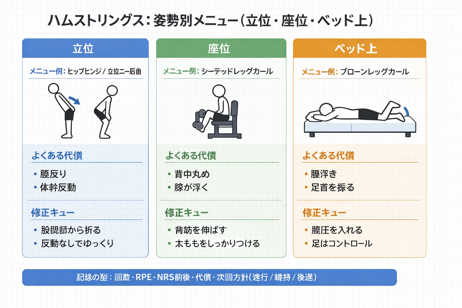 ハムストリングスの姿勢別メニュー図解（立位・座位・ベッド上）