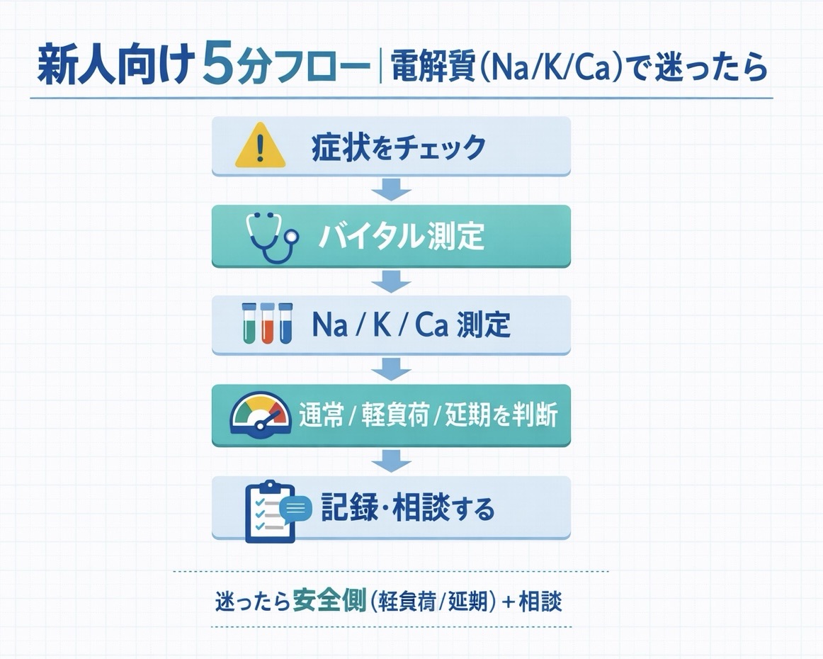 新人向け 5 分フロー：症状&rarr;バイタル&rarr; Na / K / Ca &rarr; 通常・軽負荷・延期&rarr;記録・相談