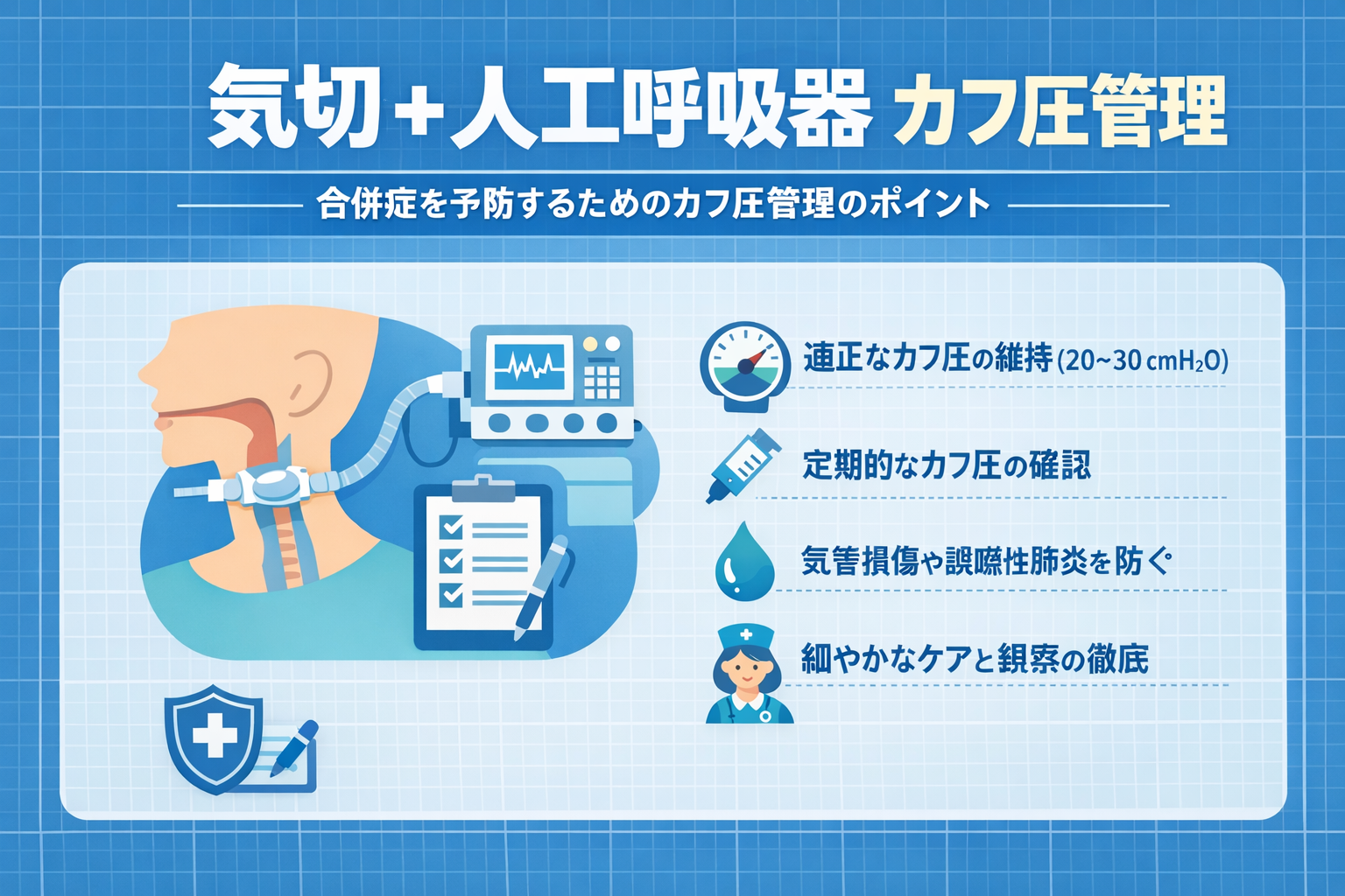 気切＋人工呼吸器のカフ圧管理（目標・頻度・リーク対応の順番）図解