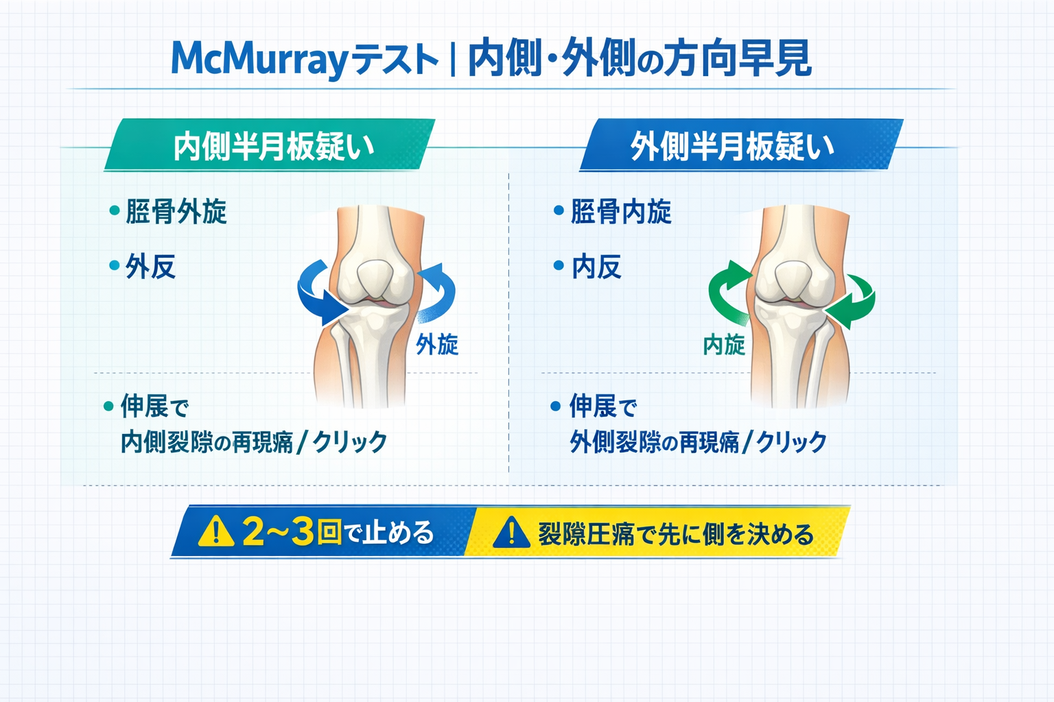 McMurrayテストの記録テンプレート（部位・角度・症状の3点セット記録）
