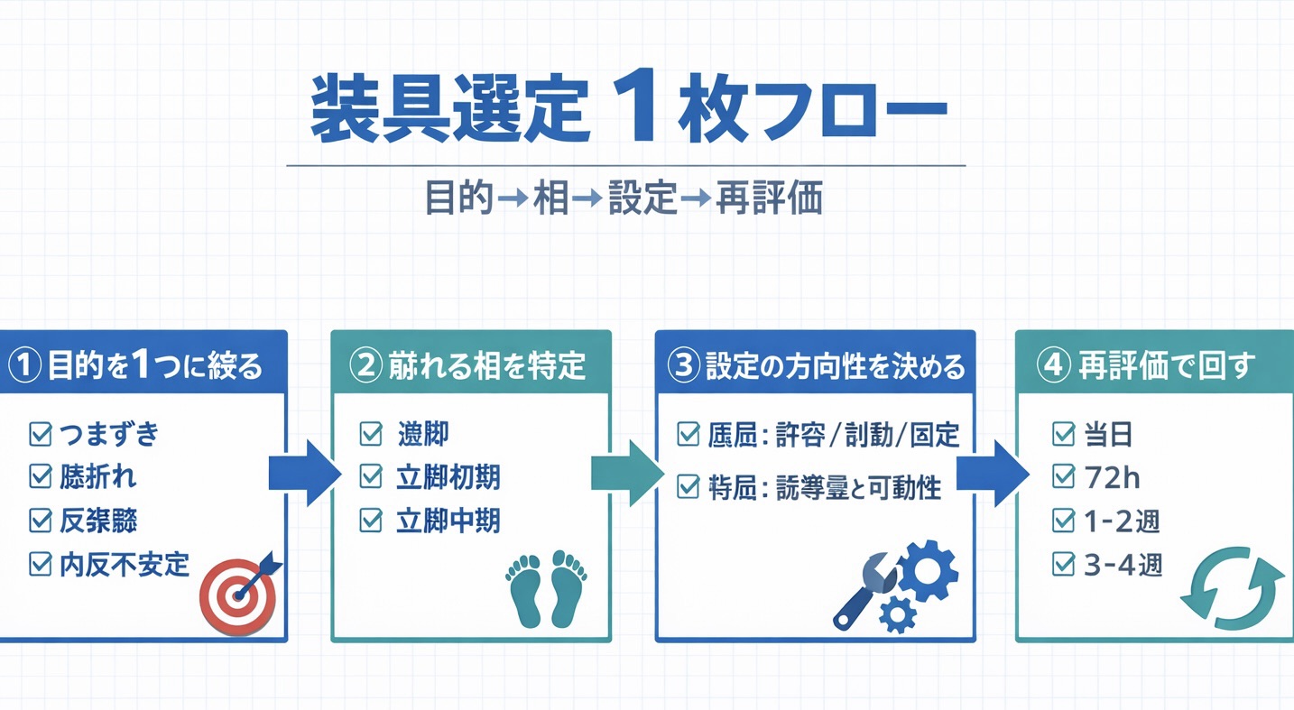 装具選定 1 枚フロー：目的&rarr;相&rarr;設定&rarr;再評価