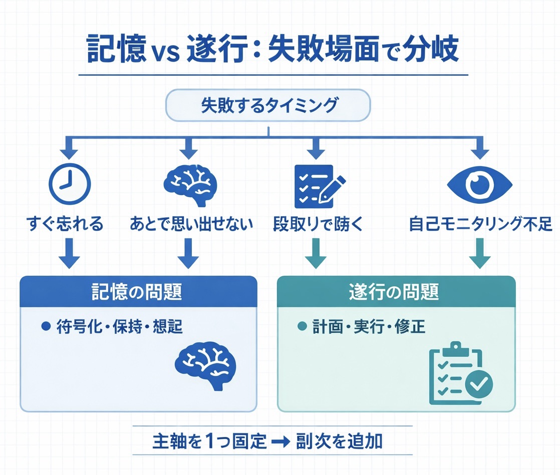 記憶障害ドリルと遂行機能障害ドリルの使い分け（失敗する場面で整理）
