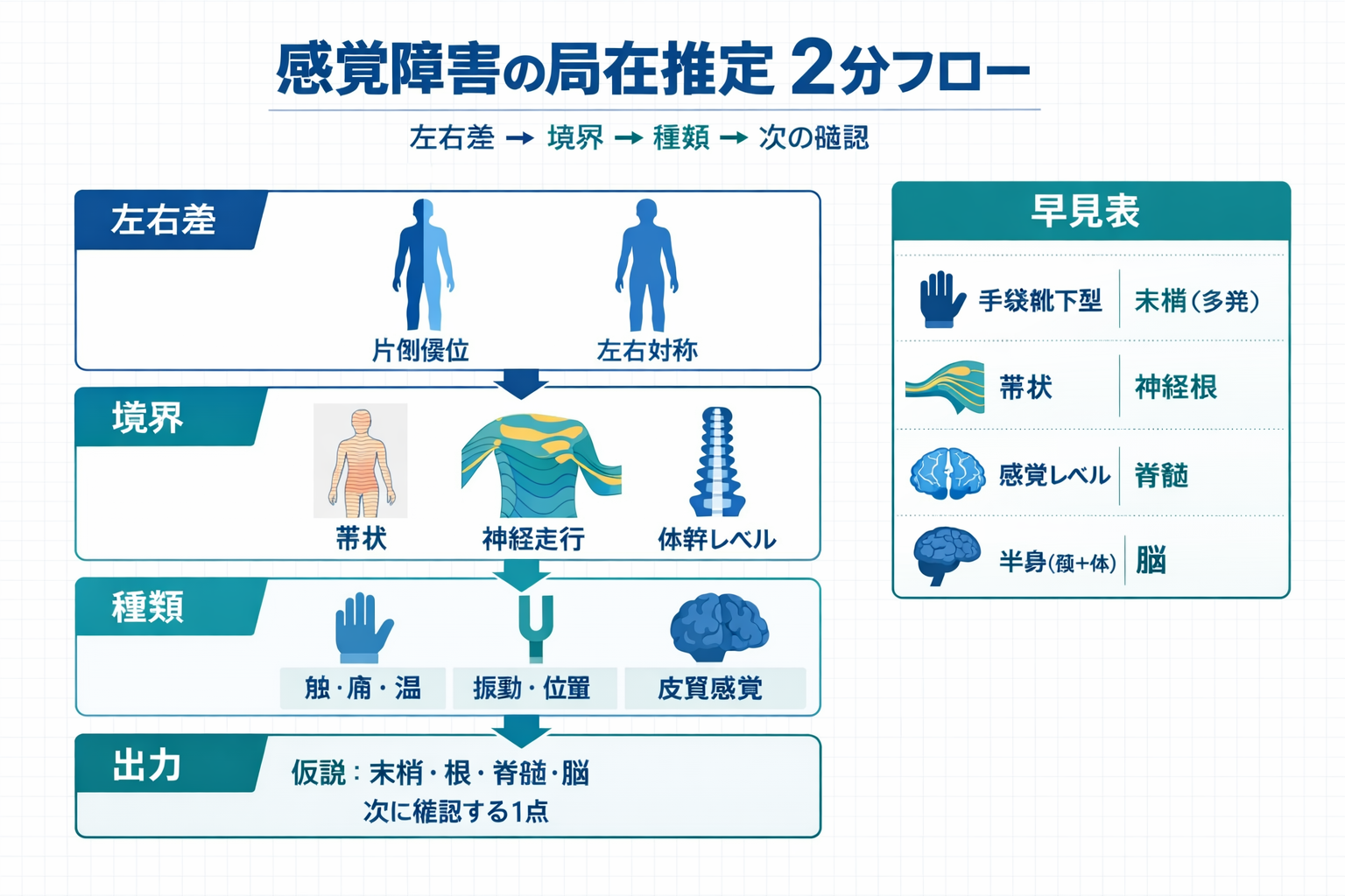 感覚障害の局在推定 2 分フロー（左右差・境界・種類・次の確認）