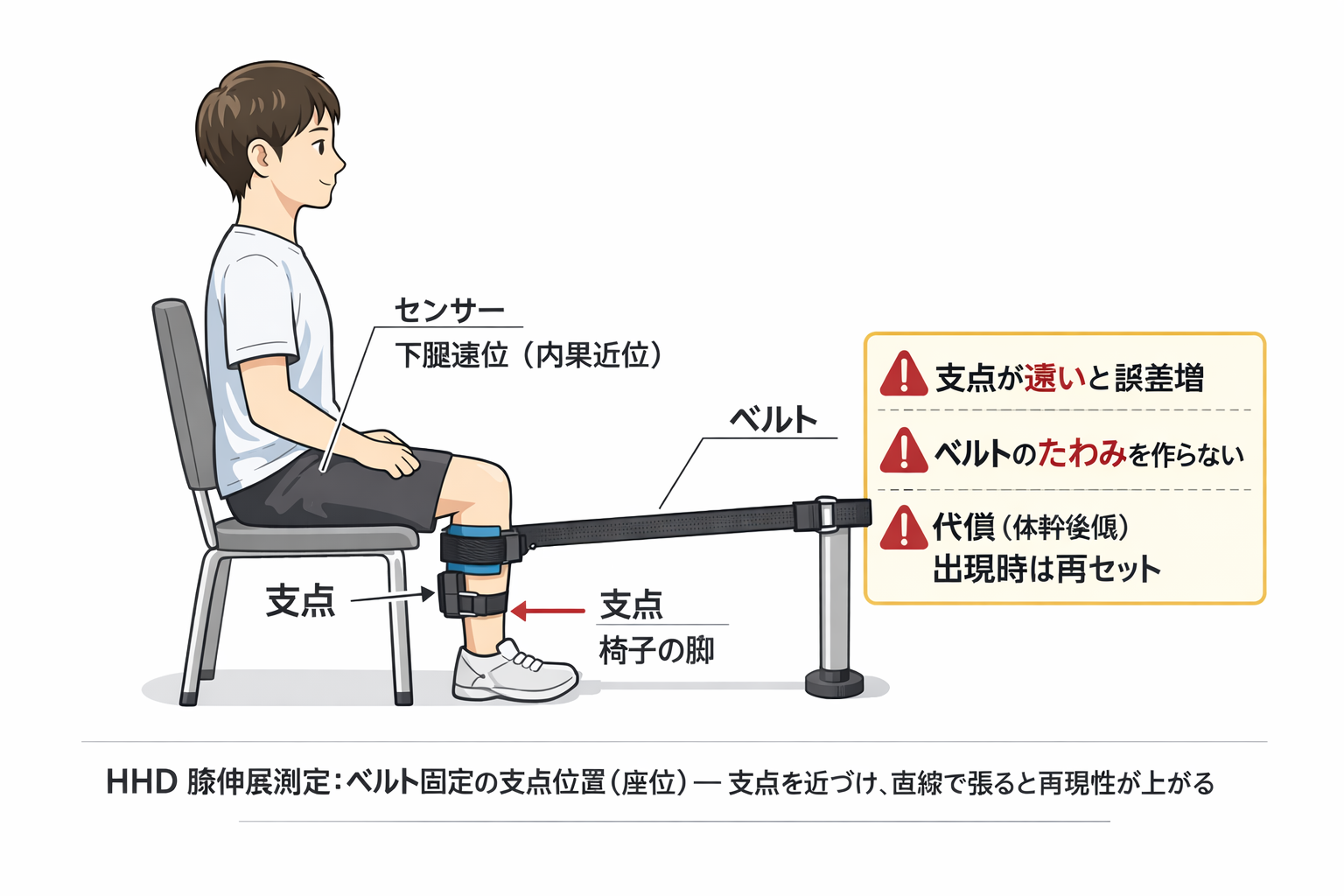 HHD膝伸展測定のベルト固定支点位置の模式図（座位・膝90度・下腿遠位にセンサー）