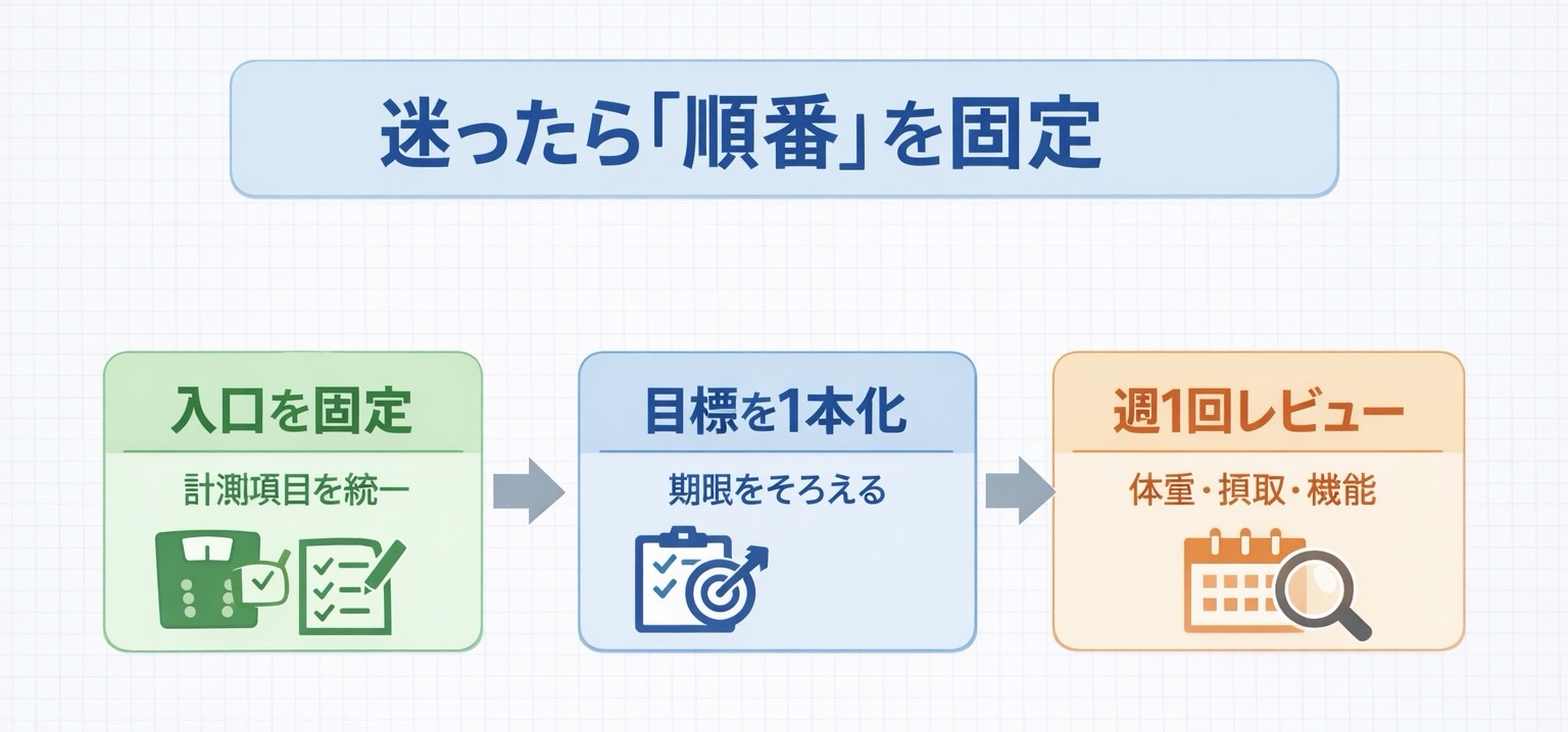 リハ栄養で迷ったときの立て直し手順を示した図解。入口を固定、目標を1本化、週1回レビューの順で進めるフロー図