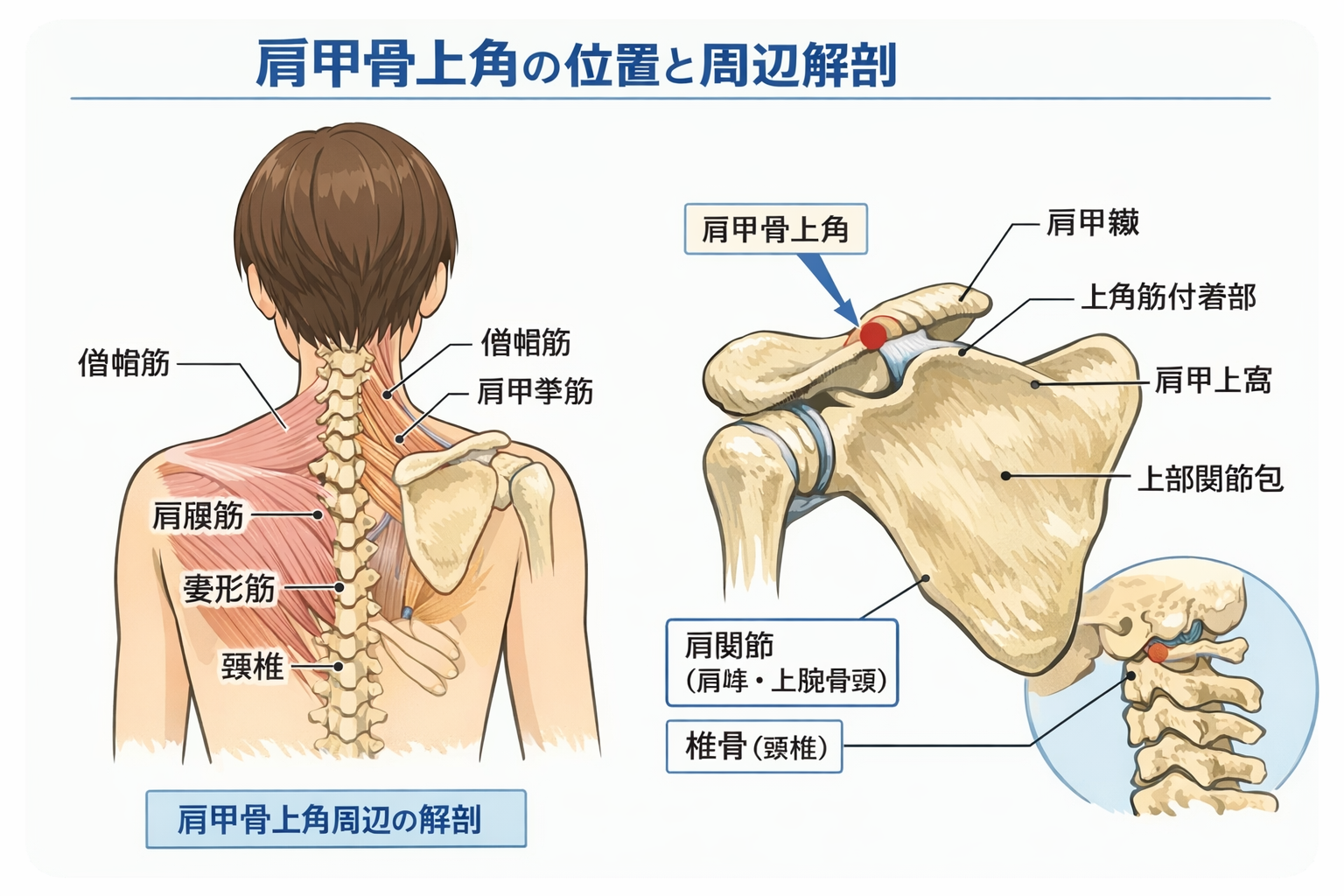 肩甲骨上角の触診手順 3 ステップを示した図版