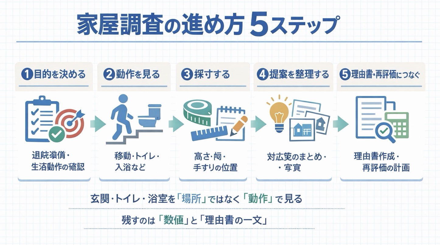 家屋調査の進め方 5 ステップの図解