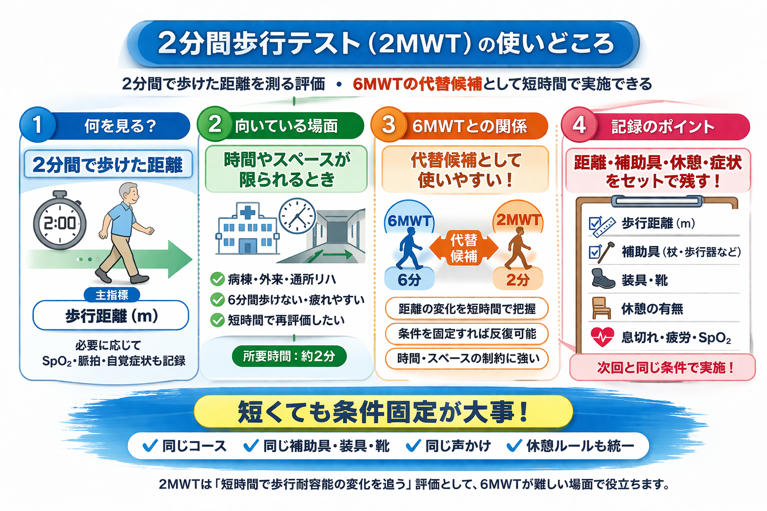 2分間歩行テスト（2MWT）の使いどころをまとめた図版。2分間で歩けた距離、時間やスペースが限られる場面、6MWTの代替候補、記録のポイント、条件固定の重要性を整理している。
