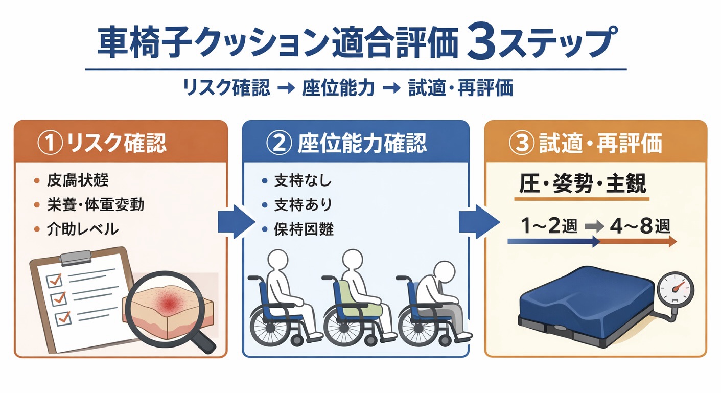 車椅子クッション適合評価 3 ステップの流れをまとめた図版