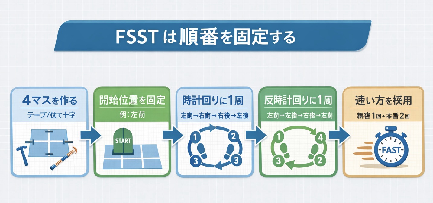 FSST は順番を固定する（ 4 マス作成 &rarr; 開始位置固定 &rarr; 時計回り 1 周 &rarr; 反時計回り 1 周 &rarr; 速い方を採用 ）
