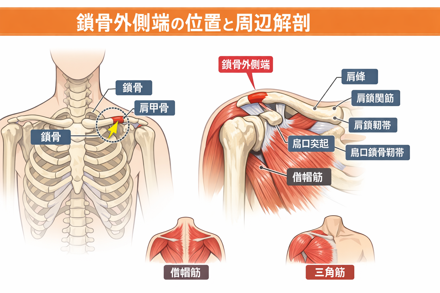 鎖骨外側端の位置と周辺解剖を示した図版