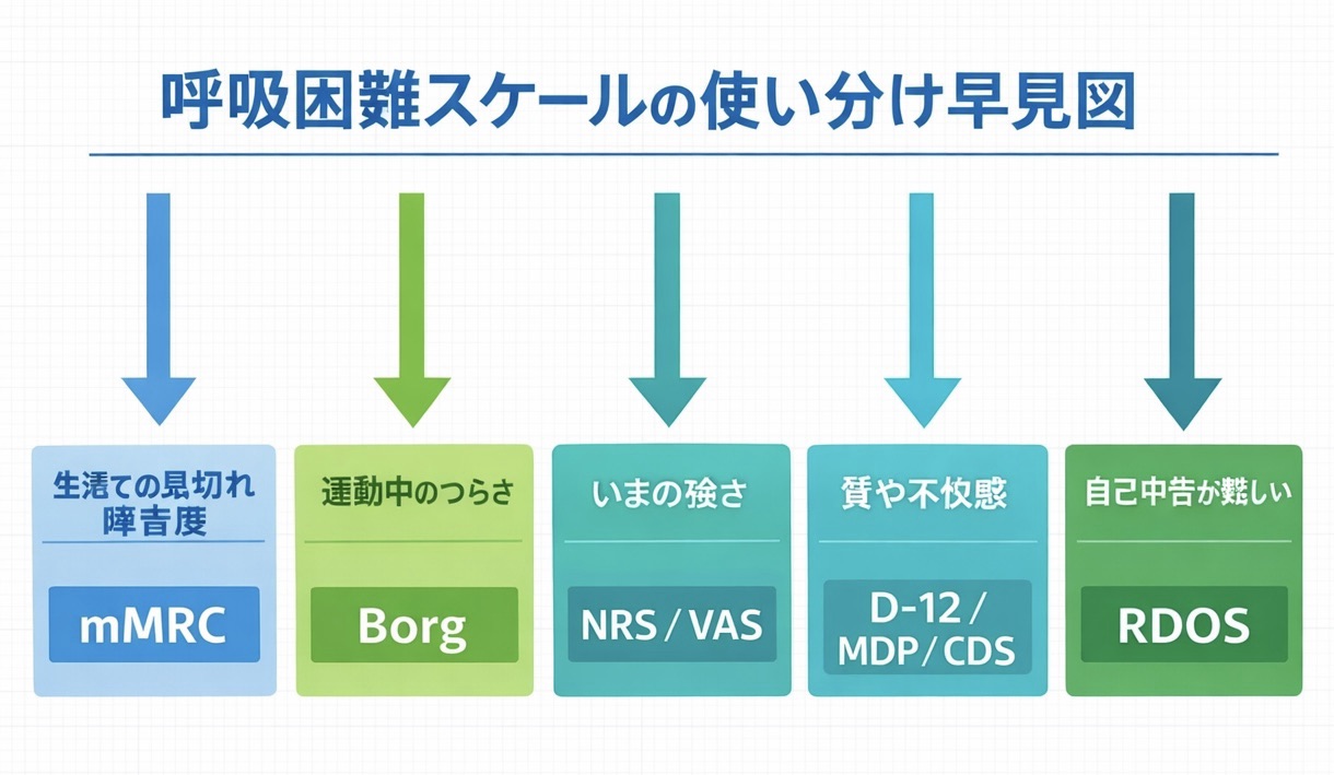 呼吸困難スケールの使い分け早見図。生活での息切れ障害度は mMRC、運動中のつらさは Borg、いまの強さは NRS / VAS、質や不快感は D-12 / MDP / CDS、自己申告が難しい場合は RDOS を選ぶことを示した図。