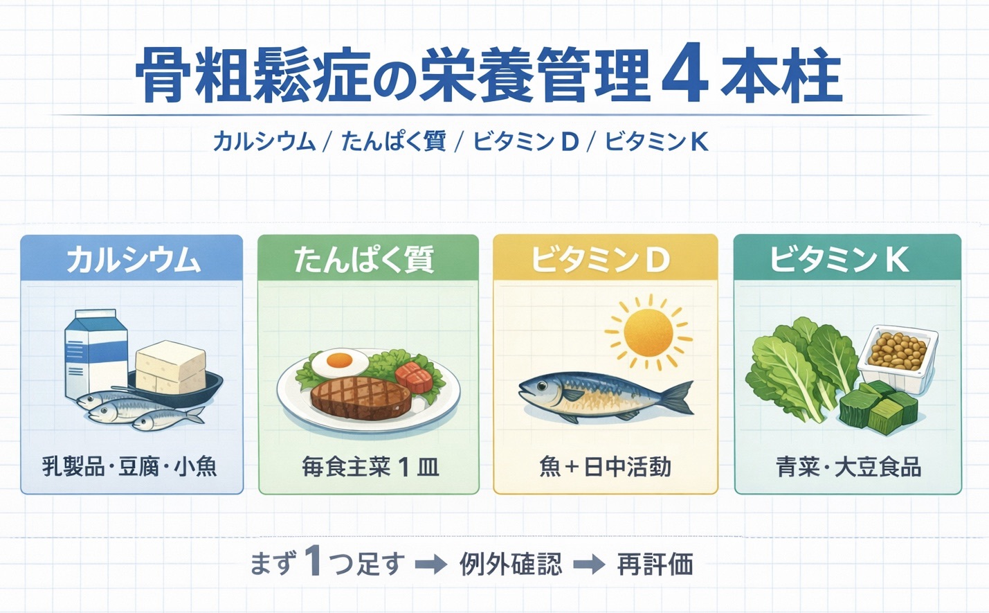 骨粗鬆症の栄養管理 4 本柱を示した図版