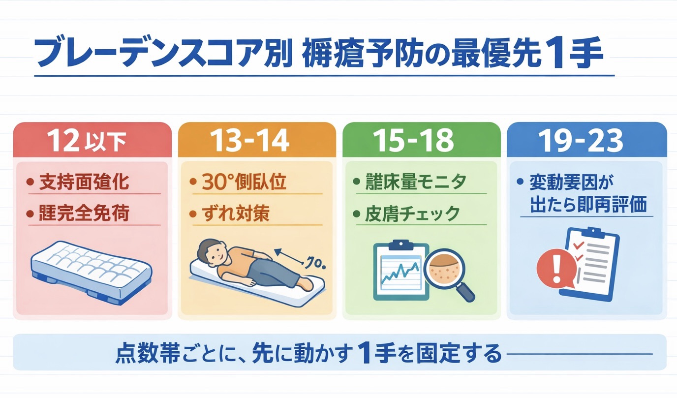 ブレーデンスコア別褥瘡予防の最優先1手を4区分で整理した早見図